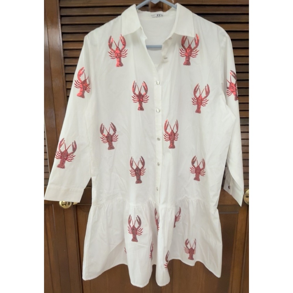 YSS Womens S Lobster Print Shirt Dress White Red Coastal Nautical Button Front